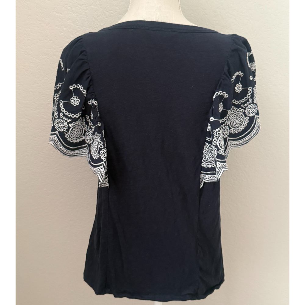 Time And Tru Women's Blouse Navy Floral Short Sleeve 100% Cotton Medium Shirt - Picture 3 of 8